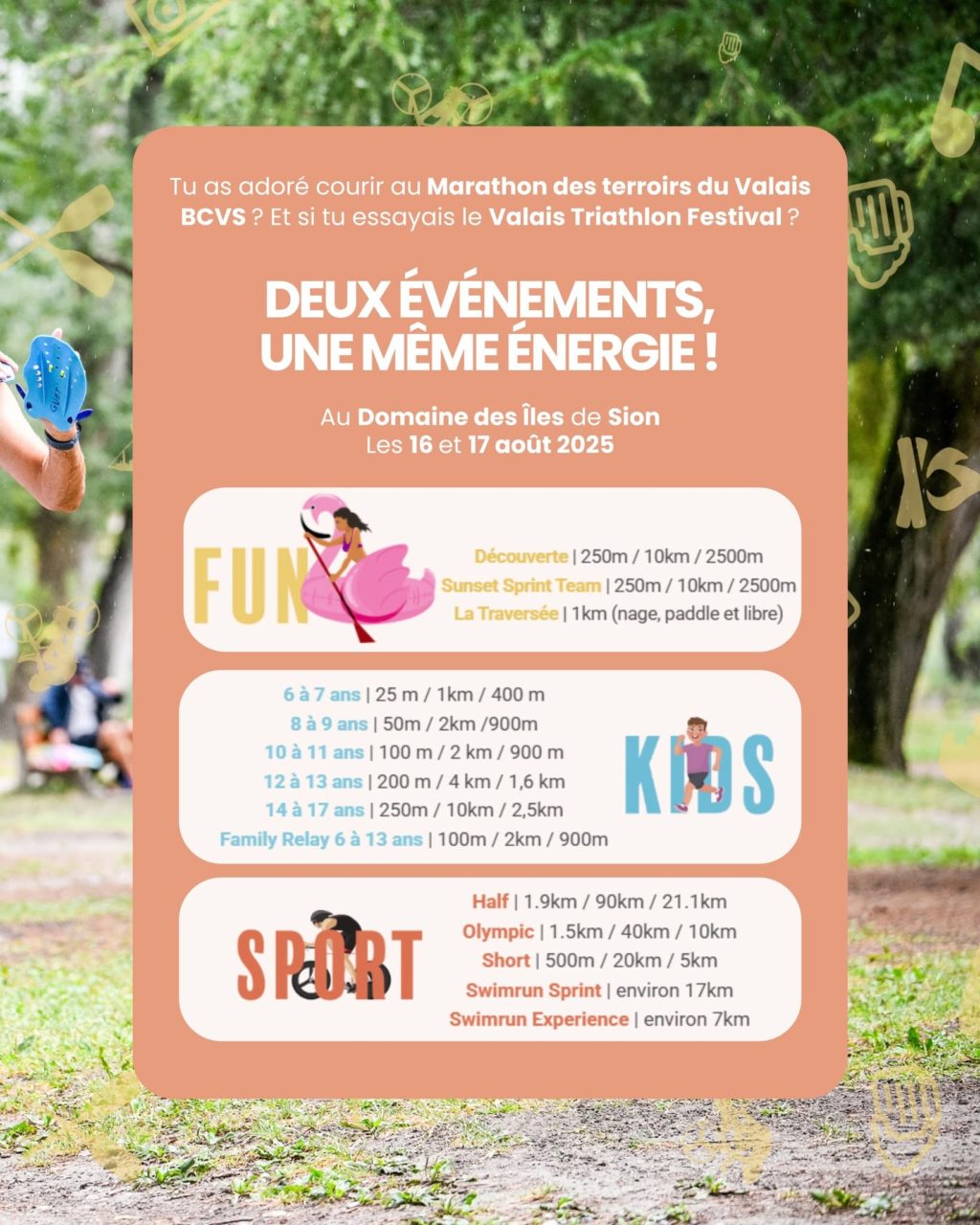 Tu es nostalgique du Marathon ? Ne t’en fais pas, un nouveau défi sportif (et fun) t’attend avec le @valaistriathlon ! 💥
👉 Formats enfants, relais entre ami·e·s ou version découverte : ici aussi, l’important c’est de participer et de (re)découvrir la discipline dans un décor de rêve (ça, ça ne change pas) !
Et cette fois, pas besoin de déguisement… un bonnet de bain et des lunettes suffisent ! 😎💦
Infos & inscriptions sur www.valaistriathlon.ch