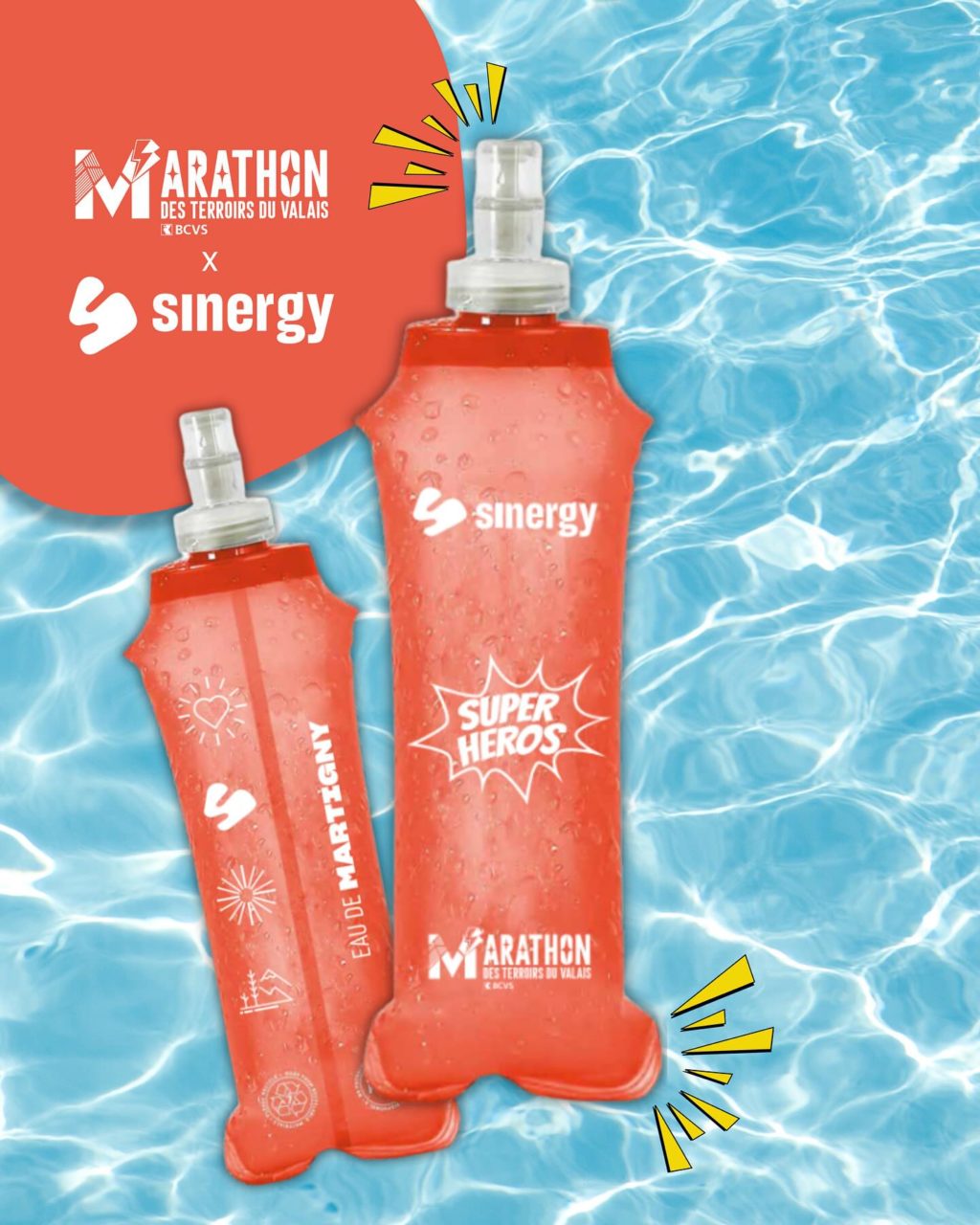 MTVS X Sinergy : Un cadeau utile et réutilisable 
Dans le cadre du partenariat entre Sinergy et le Marathon des terroirs du Valais BCVS, chaque participant(e) recevra une Flasque Sinergy réutilisable en cadeau dans leur welcome bag ! 🎁
Pratique et écoresponsable, cette flasque est parfaite pour rester hydraté(e) tout au long du parcours. Elle pourra être remplie avec l’eau fraîche et locale de Martigny, que Sinergy aura le plaisir de distribuer à certains points de ravitaillement. 💦
Un accessoire indispensable pour vos entraînements et vos prochaines aventures sportives ! 🏃🏽♀️